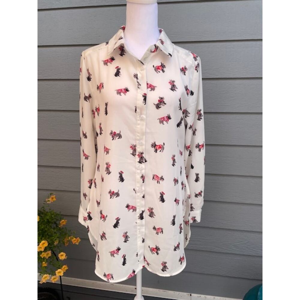 Como Vintage‎ Size X-Small Button-Up Long Sleeve Blouse Terrier Dog Pattern